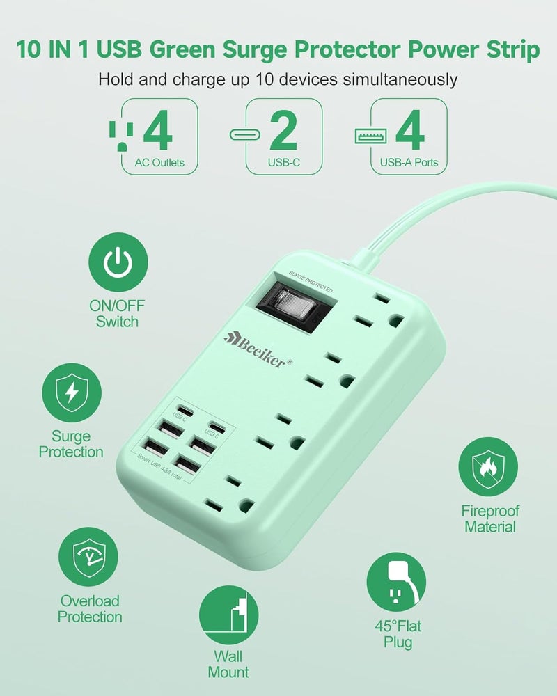 Beeiker 6 USB Green Travel Power Strip- 5Ft Green Extension Cord with 4.8A 2 USB C Charging Station and 4 Outlets, Cute Desk Accessories with Switch for Kawaii Pink Home Office College Dorm Room 24W - Image 3